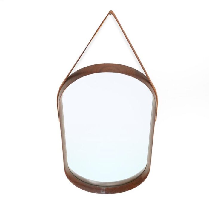 mirror with wooden frame and leather strap 1960s 4385