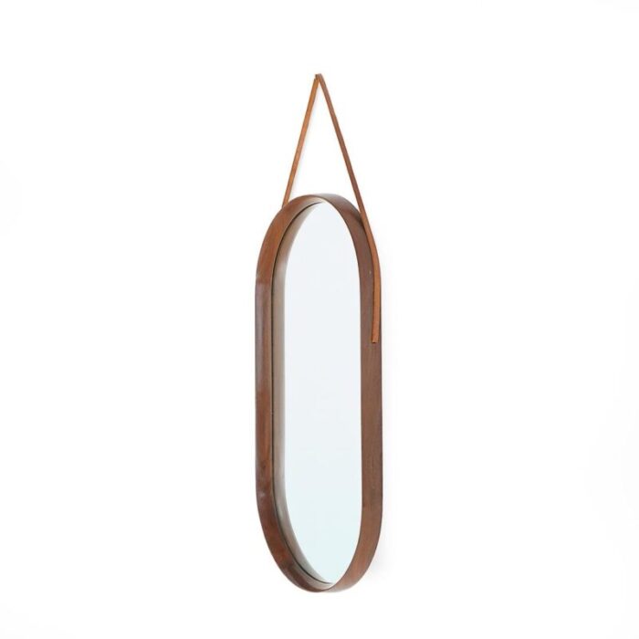 mirror with wooden frame and leather strap 1960s 6074