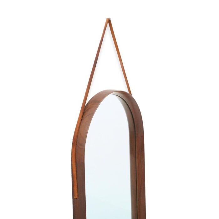 mirror with wooden frame and leather strap 1960s 9549