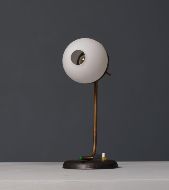 modernist table lamp in brass and iron with central hole opaline glass 1950s 2530