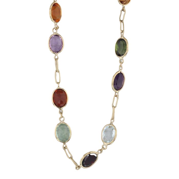 multi gemstone tennis necklace 18k yellow gold 1725 amethyst aquamarine 0236