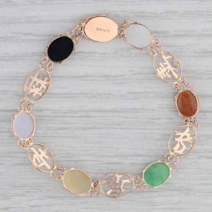 multicolor jadeite jade chinese calligraphy bracelet 14k rose gold 7 8439