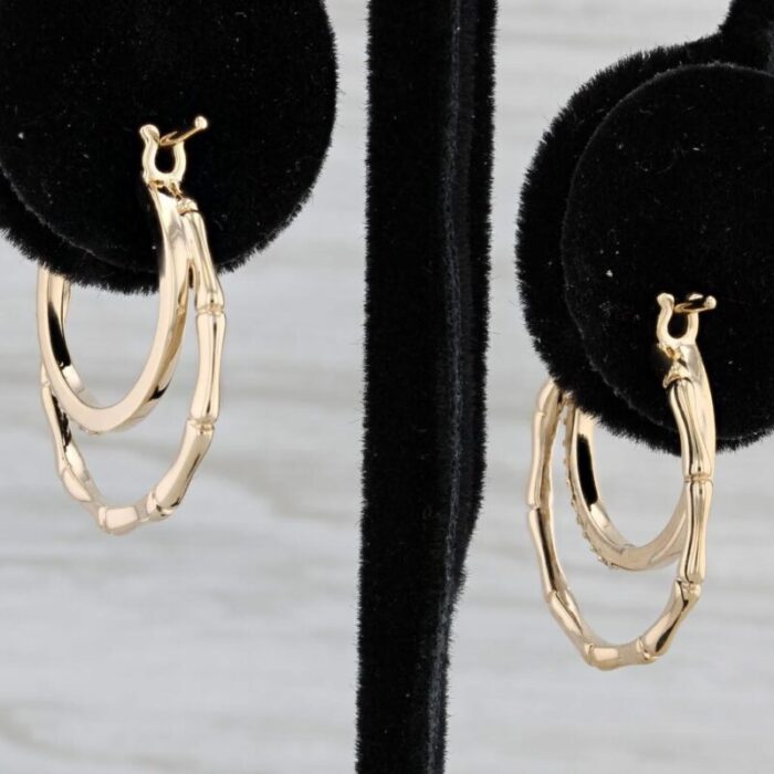 new 012ctw diamond bamboo hoop earrings 14k yellow gold snap top round hoops 2 pieces 0039