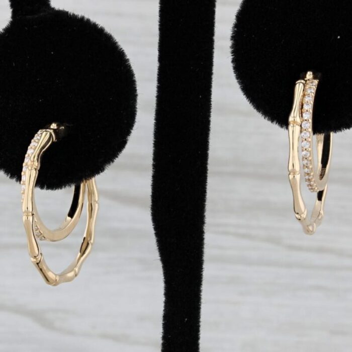 new 012ctw diamond bamboo hoop earrings 14k yellow gold snap top round hoops 2 pieces 1765