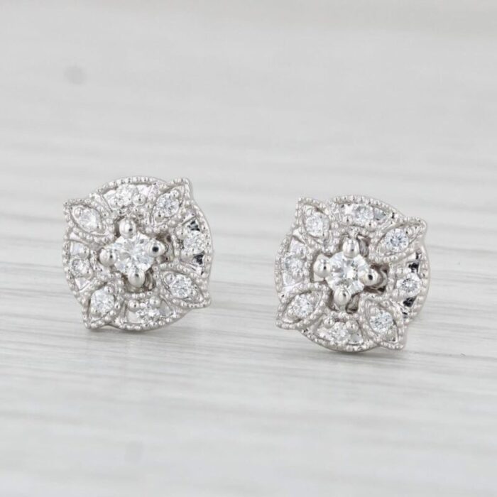 new 020ctw diamond flower stud earrings 14k white gold small pierced studs 2 pieces 8338