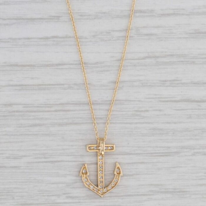 new 025ctw diamond anchor pendant necklace 14k yellow gold 18 cable chain 5149