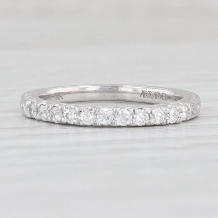 new 033ctw diamond wedding band 14k white gold sz 65 stackable ring art carved 0244