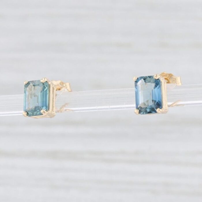 new blue sapphire stud earrings 14k yellow gold emerald cut solitaire 2 pieces 1093