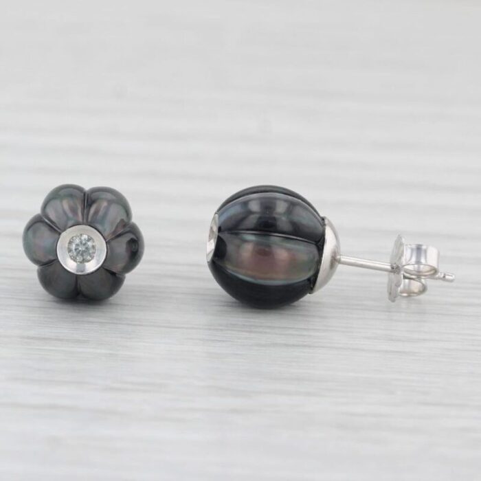 new cultured black pearl dark poppy diamond stud earrings 14k gold galatea 2 pieces 4287