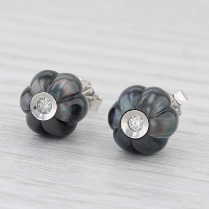 new cultured black pearl dark poppy diamond stud earrings 14k gold galatea 2 pieces 8221