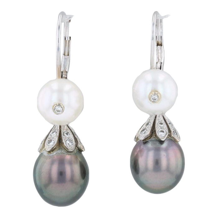 new cultured black white pearls diamonds drop earrings 14k white gold pierced 2 pieces 1336