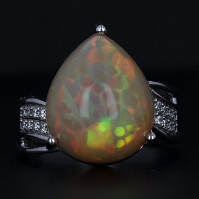 new lance fischer welo opal diamond ring 14k white gold sz 7 pear cabochon 1339