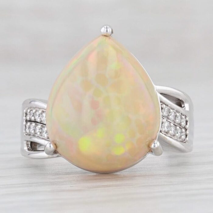 new lance fischer welo opal diamond ring 14k white gold sz 7 pear cabochon 5631