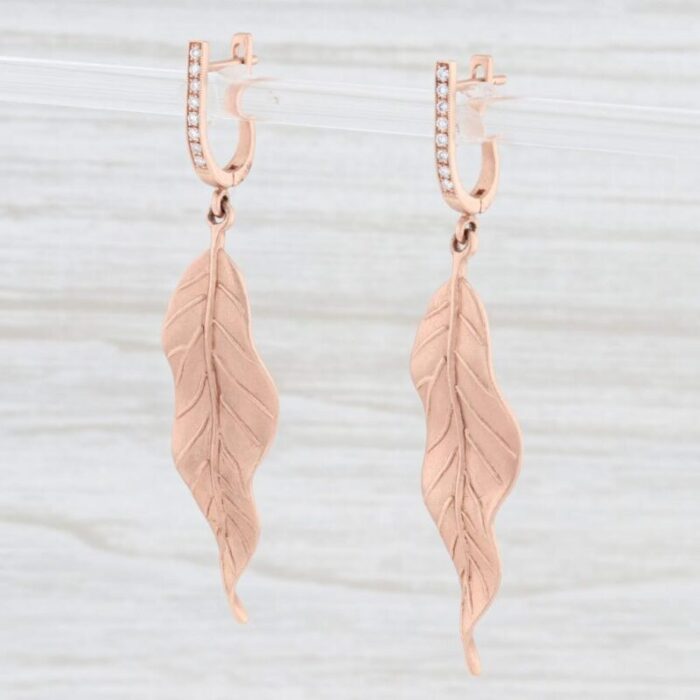 new leaf dangle earrings 14k rose gold diamond accents pierced drops 2 pieces 8907