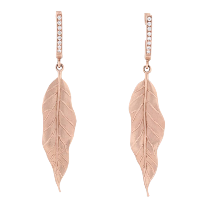 new leaf dangle earrings 14k rose gold diamond accents pierced drops 2 pieces 9615