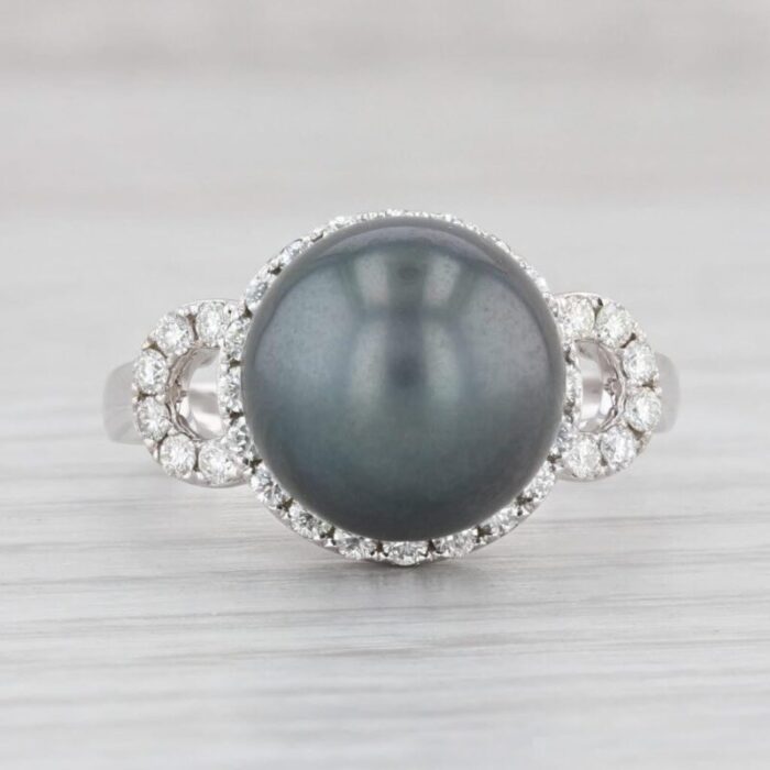 new tahitian black pearl 055ctw diamond halo ring 14k white gold size 7 1793