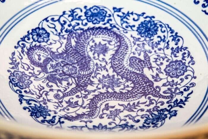 oversized blue and white porcelain chinese dragons bowl 16 in d circa 1950s 1627