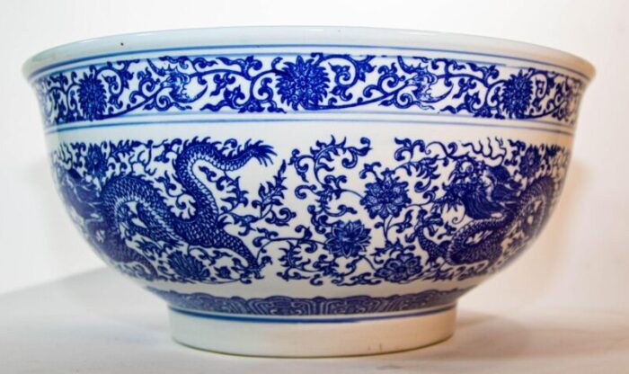 oversized blue and white porcelain chinese dragons bowl 16 in d circa 1950s 3563