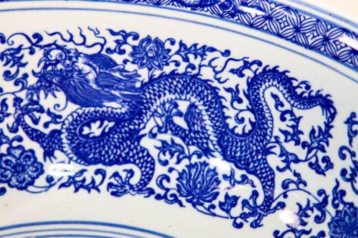 oversized blue and white porcelain chinese dragons bowl 16 in d circa 1950s 3967