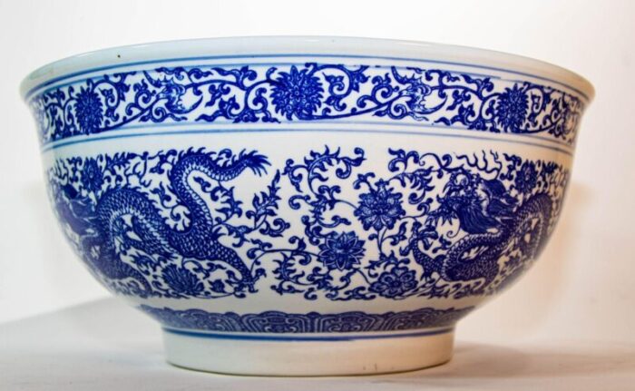 oversized blue and white porcelain chinese dragons bowl 16 in d circa 1950s 8994