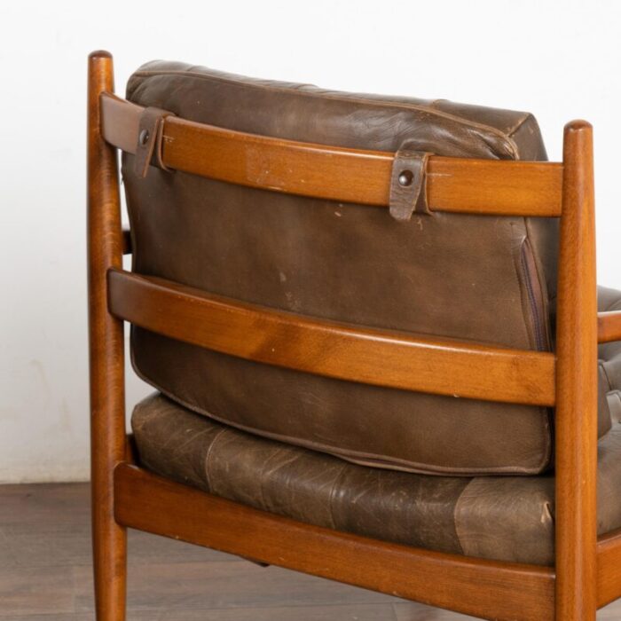 pair mid century vintage brown leather arm chairs denmark circa 1960 3222