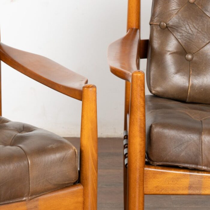 pair mid century vintage brown leather arm chairs denmark circa 1960 5111