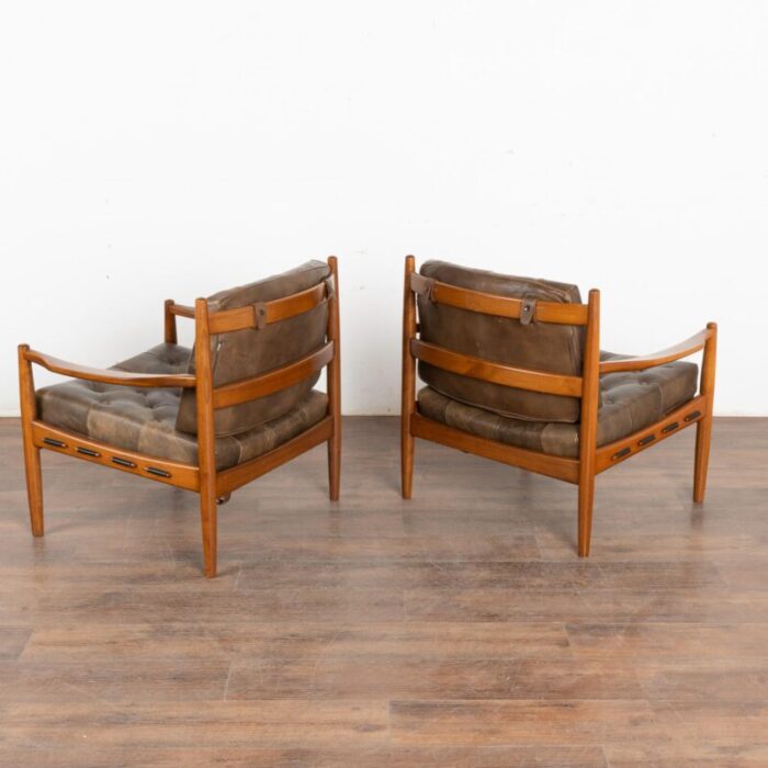 pair mid century vintage brown leather arm chairs denmark circa 1960 5576