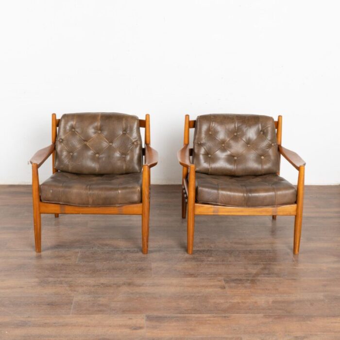 pair mid century vintage brown leather arm chairs denmark circa 1960 7077