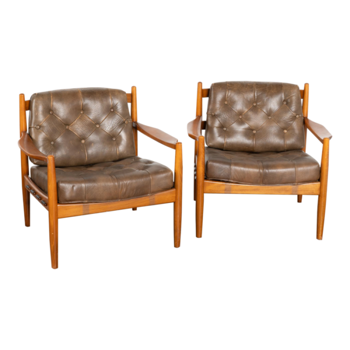 pair mid century vintage brown leather arm chairs denmark circa 1960 9895