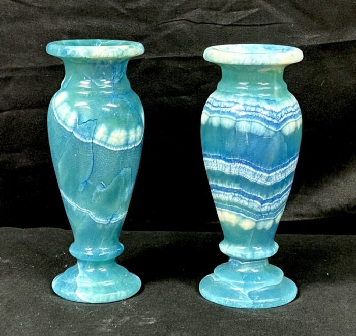 pair of blue egyptian alabaster urn shaped vases 0111