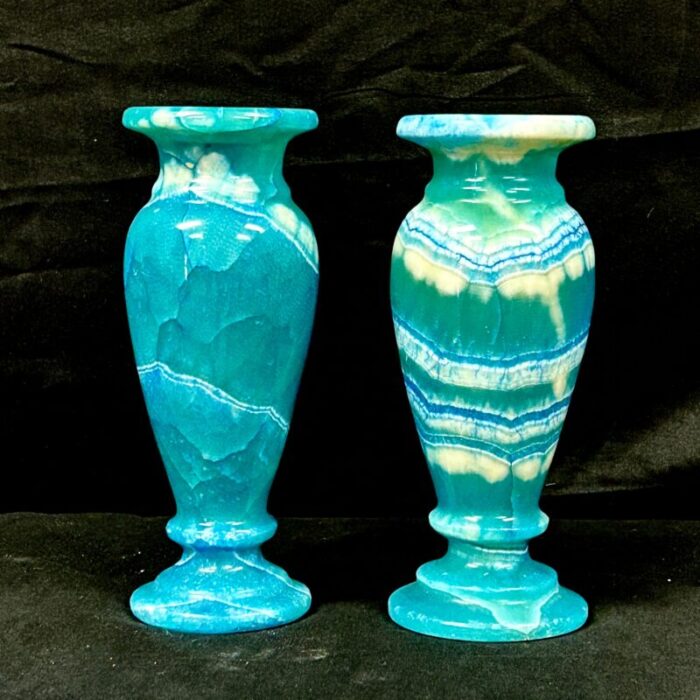 pair of blue egyptian alabaster urn shaped vases 9016