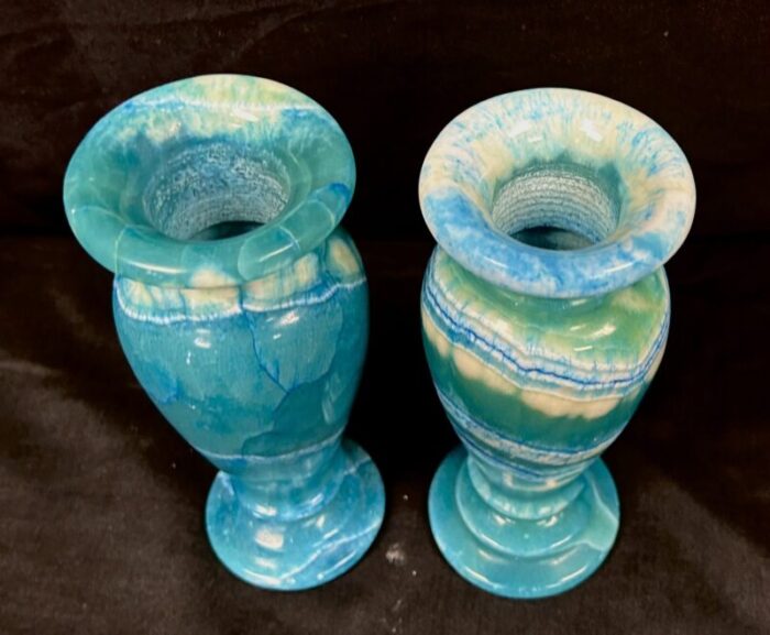 pair of blue egyptian alabaster urn shaped vases 9350