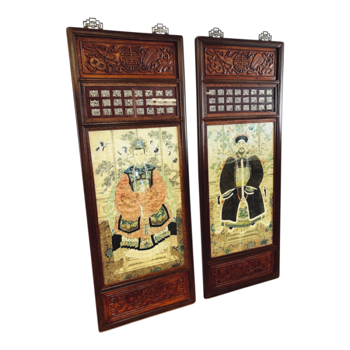 pair of chinese emperor and empress ancestral watercolor paintings carved frames 3918