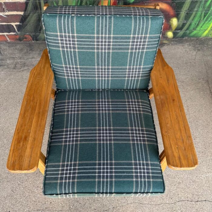 pair of ranch oak lounge chairs reupholstered in plaid from pindler 3720