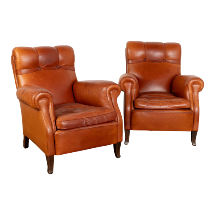 pair vintage brown leather club lounge chairs denmark circa 1960 7524