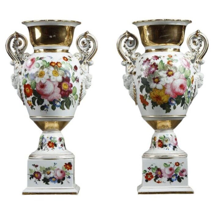 paris porcelain vases with floral decoration set of 2 1