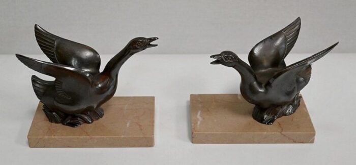 patinated metal and marble swan bookends 1930s 1940s set of 2 1