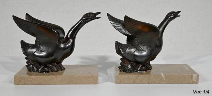 patinated metal and marble swan bookends 1930s 1940s set of 2 13