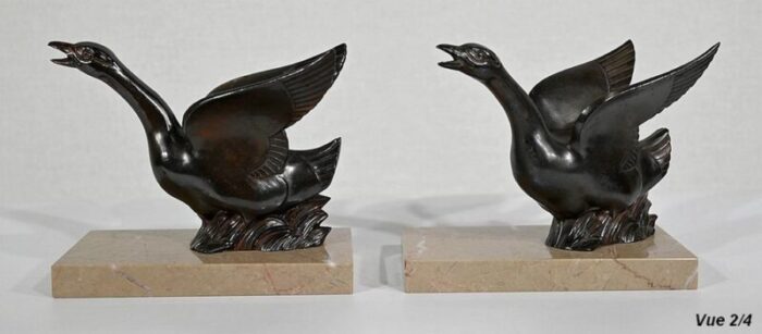 patinated metal and marble swan bookends 1930s 1940s set of 2 14