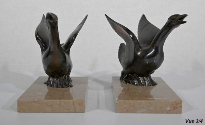 patinated metal and marble swan bookends 1930s 1940s set of 2 15