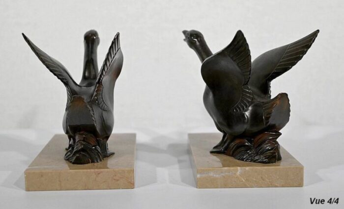 patinated metal and marble swan bookends 1930s 1940s set of 2 16