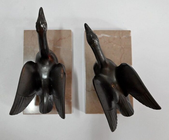 patinated metal and marble swan bookends 1930s 1940s set of 2 17