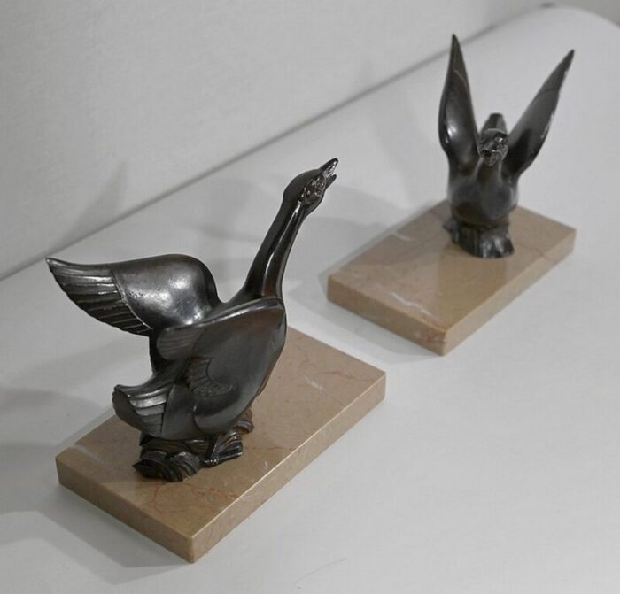 patinated metal and marble swan bookends 1930s 1940s set of 2 3