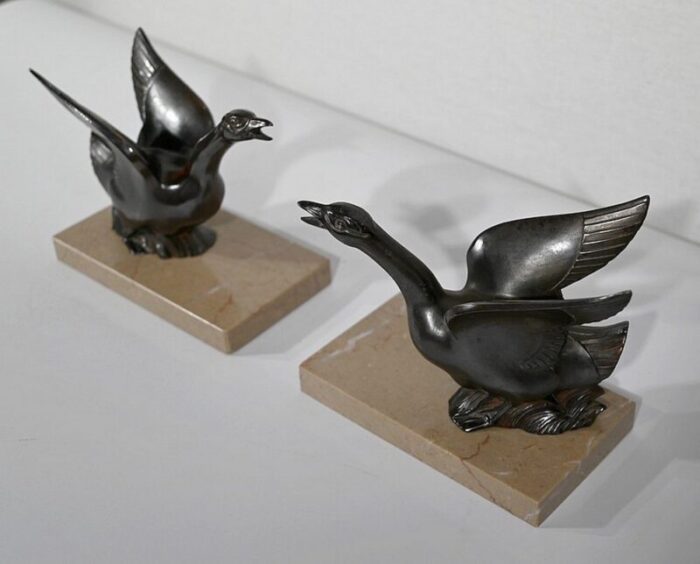 patinated metal and marble swan bookends 1930s 1940s set of 2 4