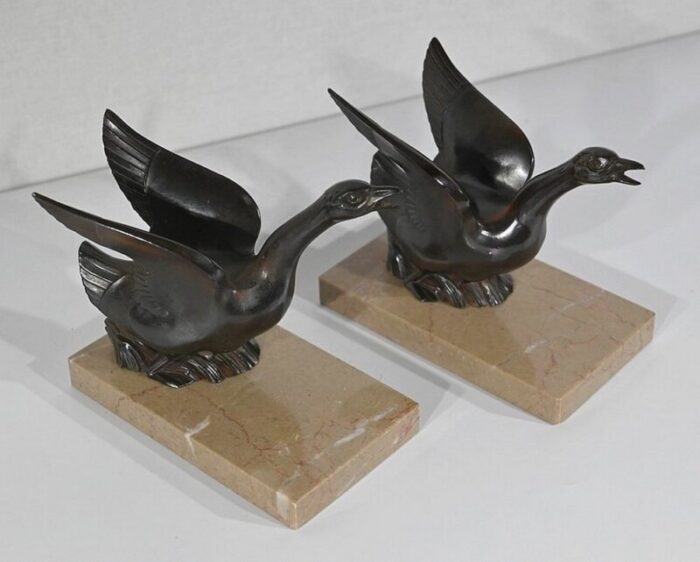 patinated metal and marble swan bookends 1930s 1940s set of 2 5