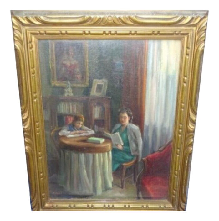 portrait of a woman and a young girl in interior scene 20th century oil on canvas framed 1872