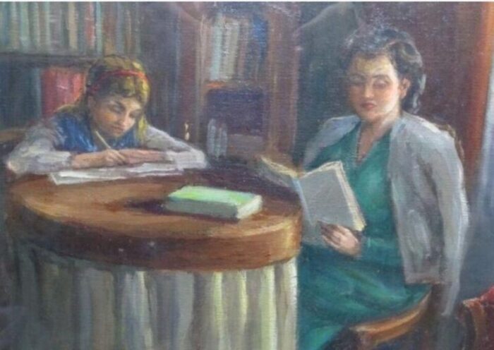 portrait of a woman and a young girl in interior scene 20th century oil on canvas framed 6070