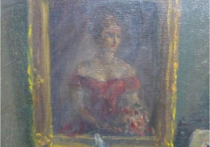 portrait of a woman and a young girl in interior scene 20th century oil on canvas framed 9321