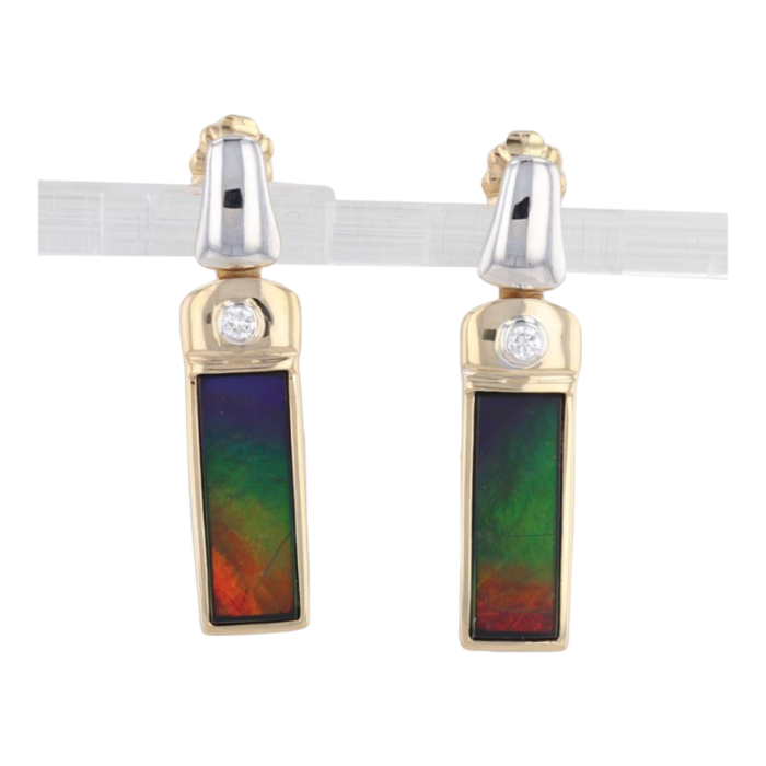 rainbow ammolite triplet diamond dangle earrings 18k yellow white gold 2 pieces 4302