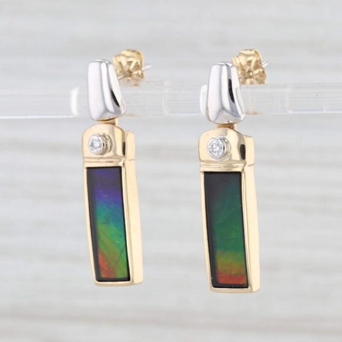 rainbow ammolite triplet diamond dangle earrings 18k yellow white gold 2 pieces 5394